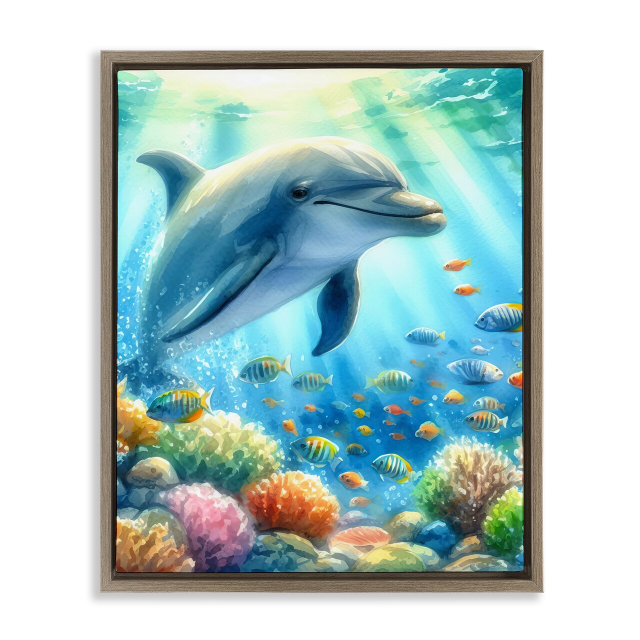 Stupell Industries Majestic Dolphin Underwater Floater Framed Canvas Wall Art Design by LSR Design Studio